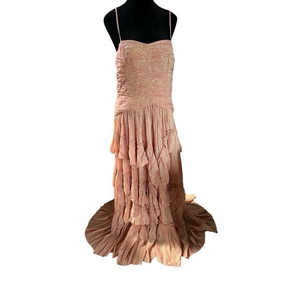 Anthropologie BHLDN Jessa Pink Metallic Asymmetrical Ruffled Drop-Waist Gown 8 - Picture 4 of 14